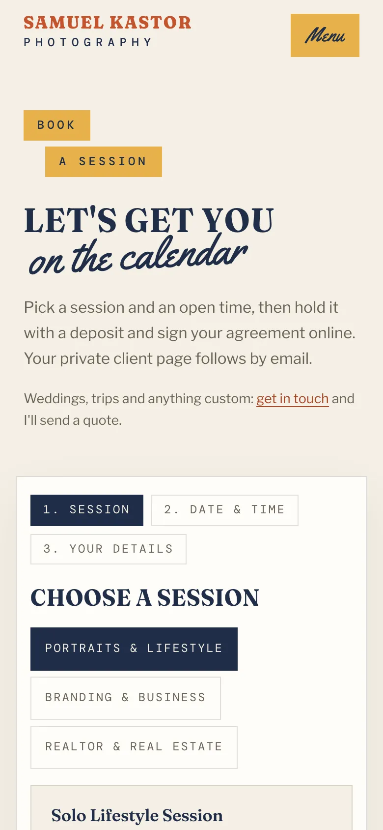The booking page on a phone.