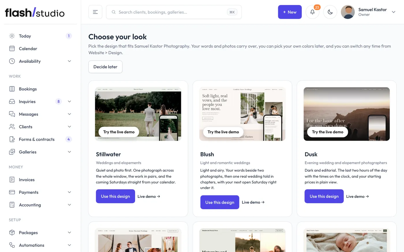 Choose your look, the first page after signing up.