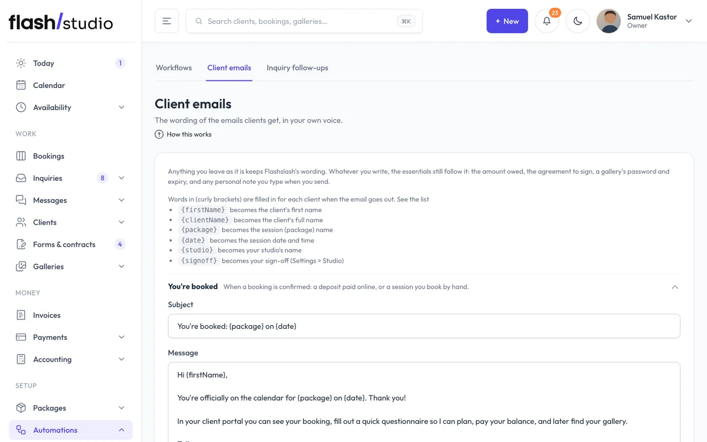 Automations > Client emails.