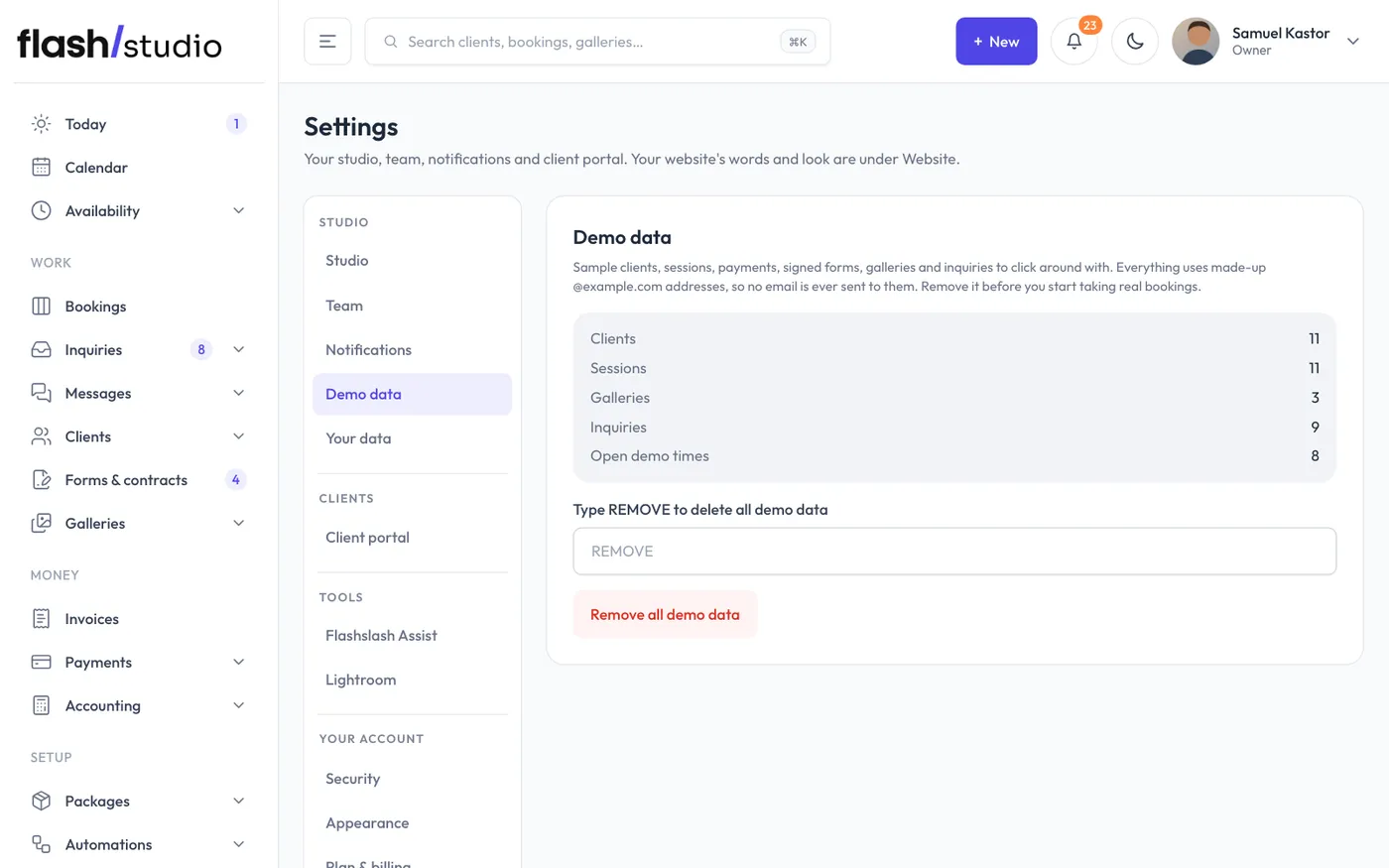 Settings > Demo data.