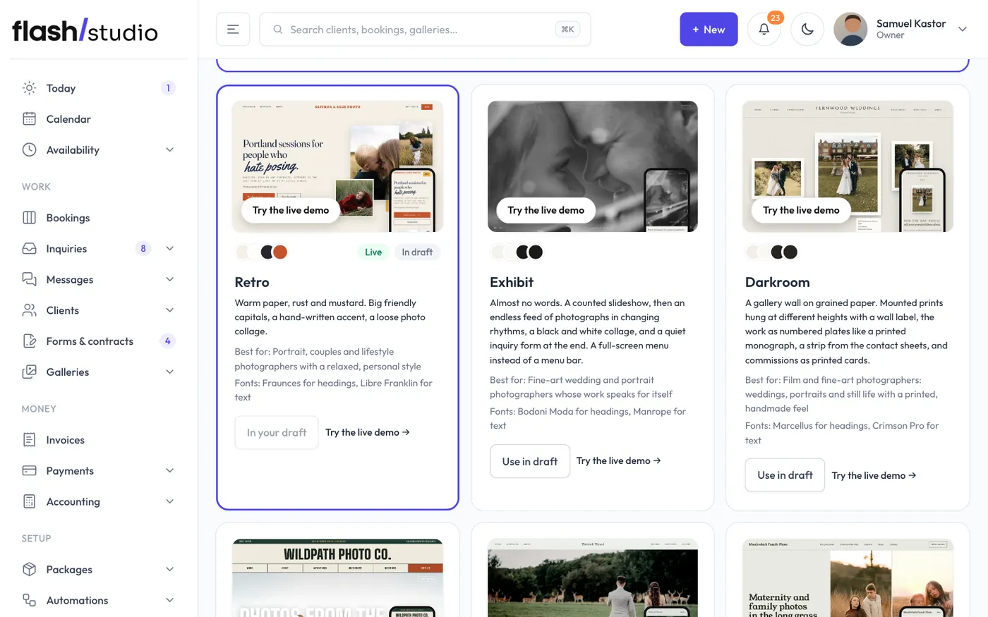 The design cards on Website > Design, each with a live demo.