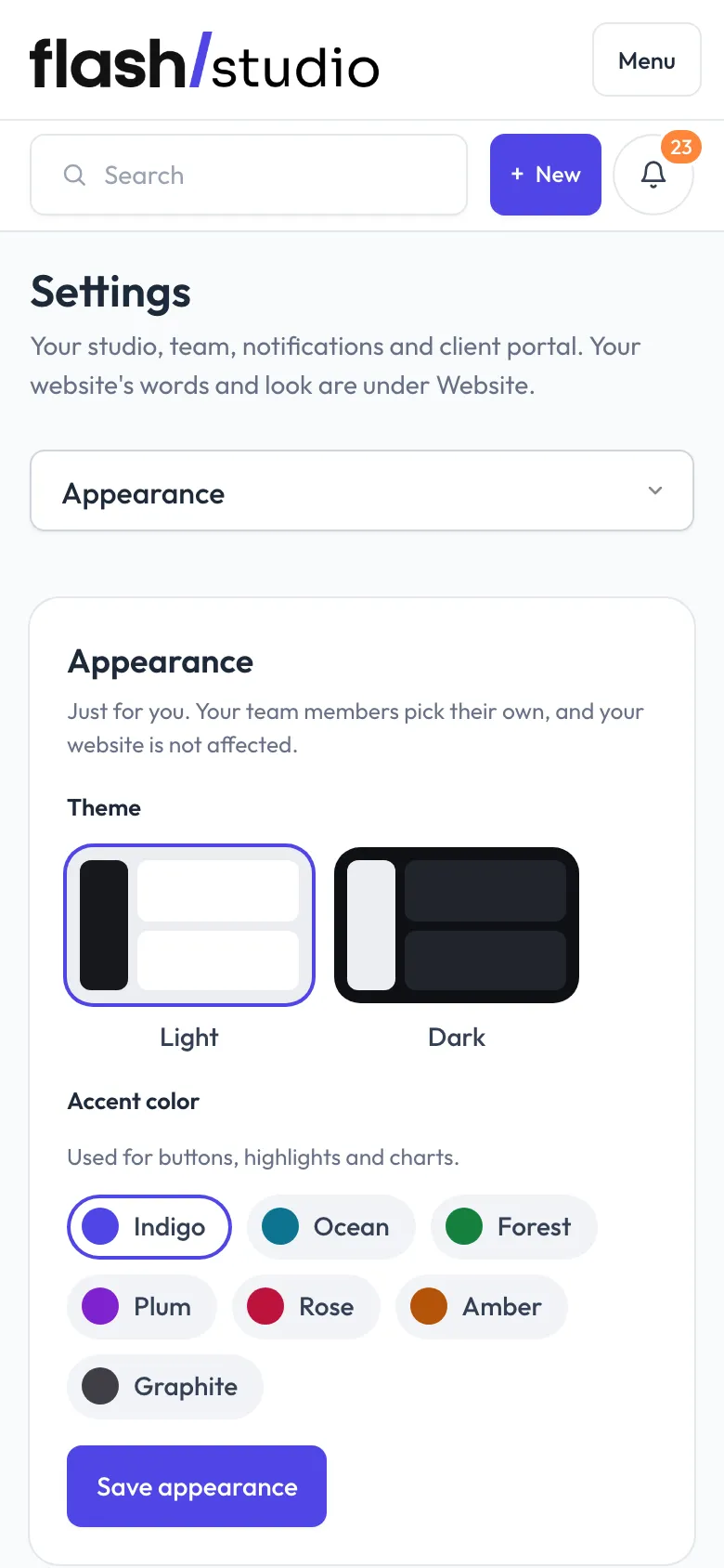 Settings > Appearance, Flashslash on this phone.