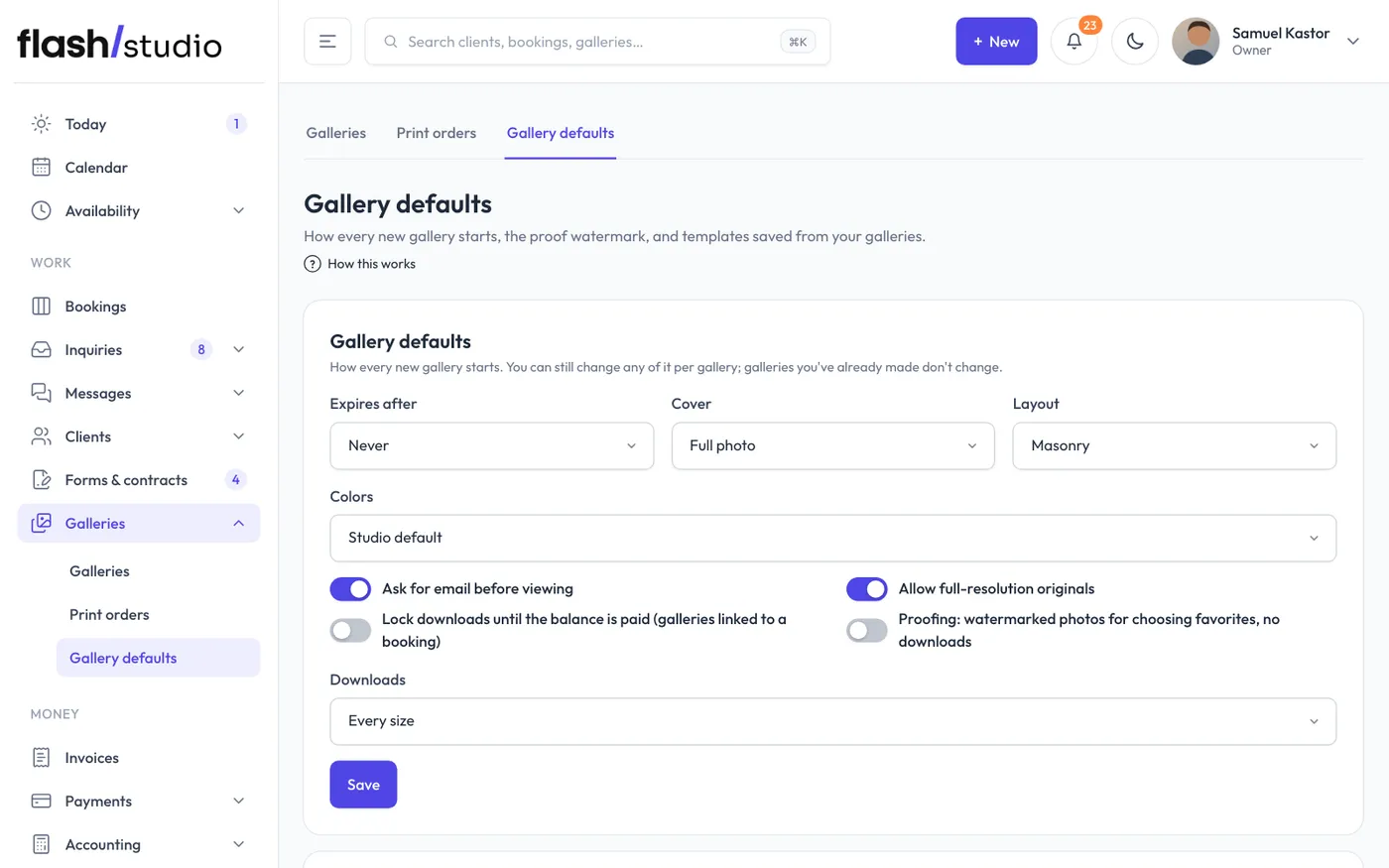Galleries > Gallery defaults.