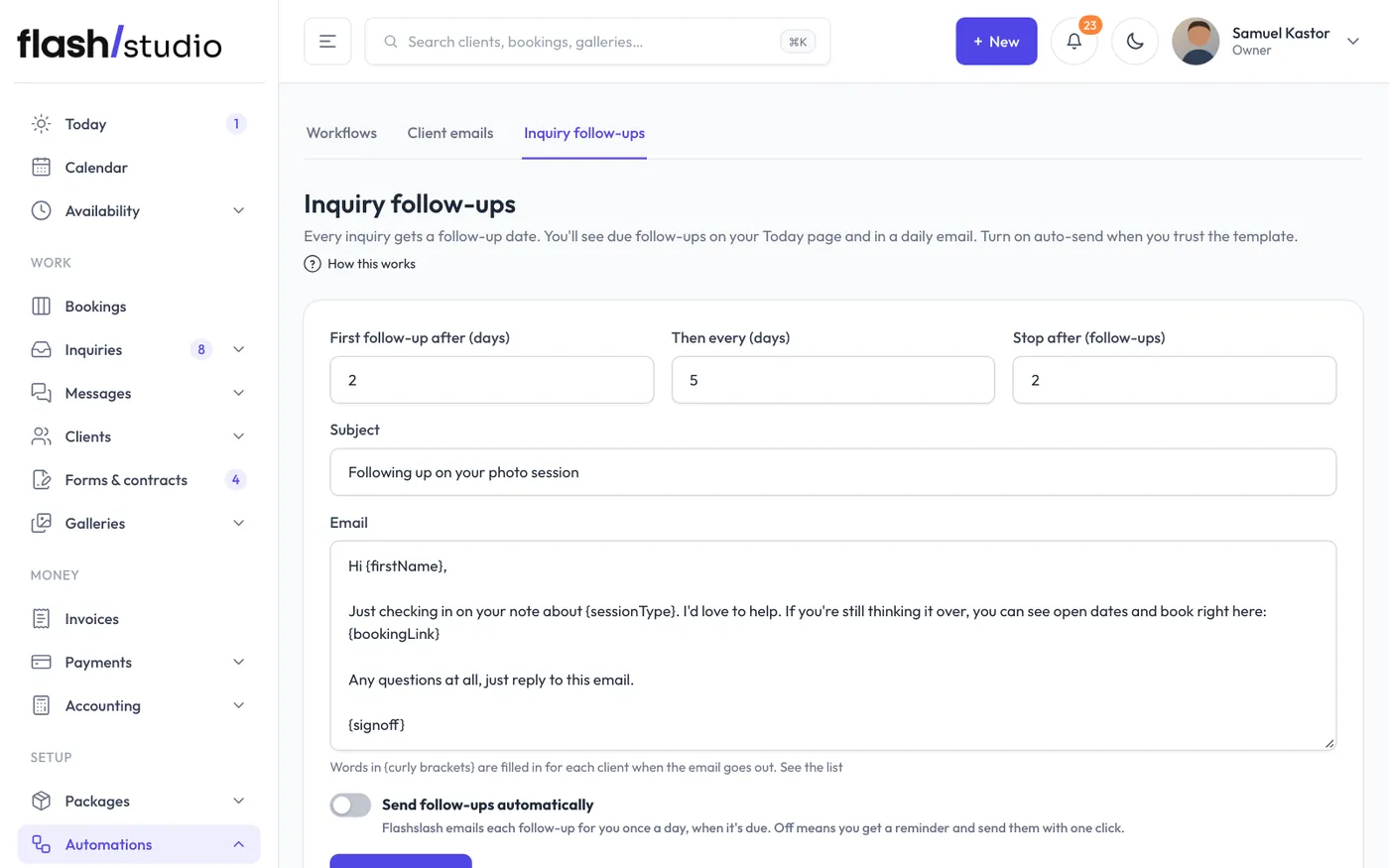 Automations > Inquiry follow-ups.