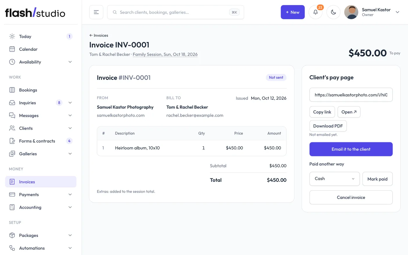 An invoice, with the client's pay page.