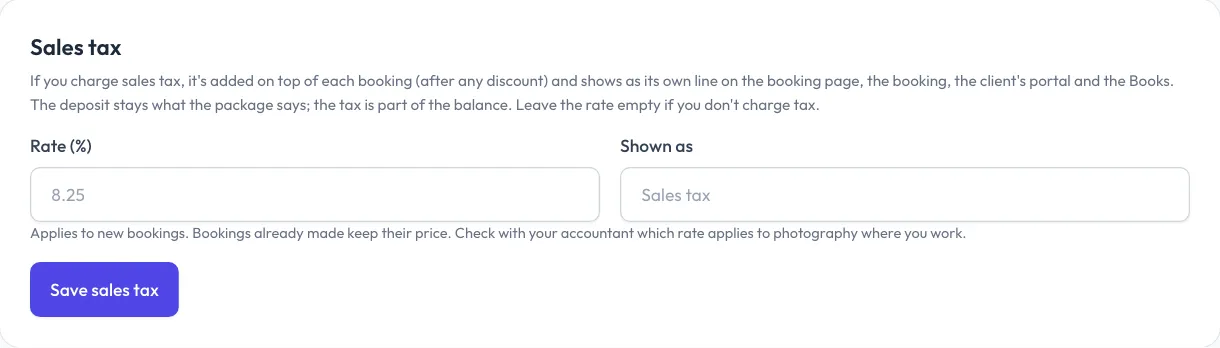 Sales tax, under Payments > Online payments.