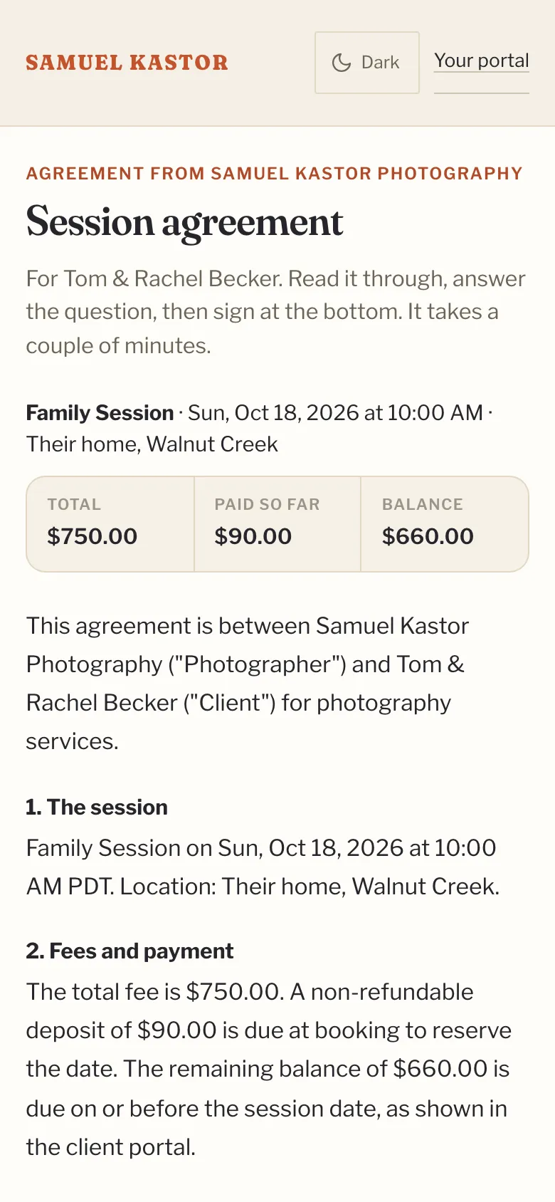 A contract ready to sign, on a phone.