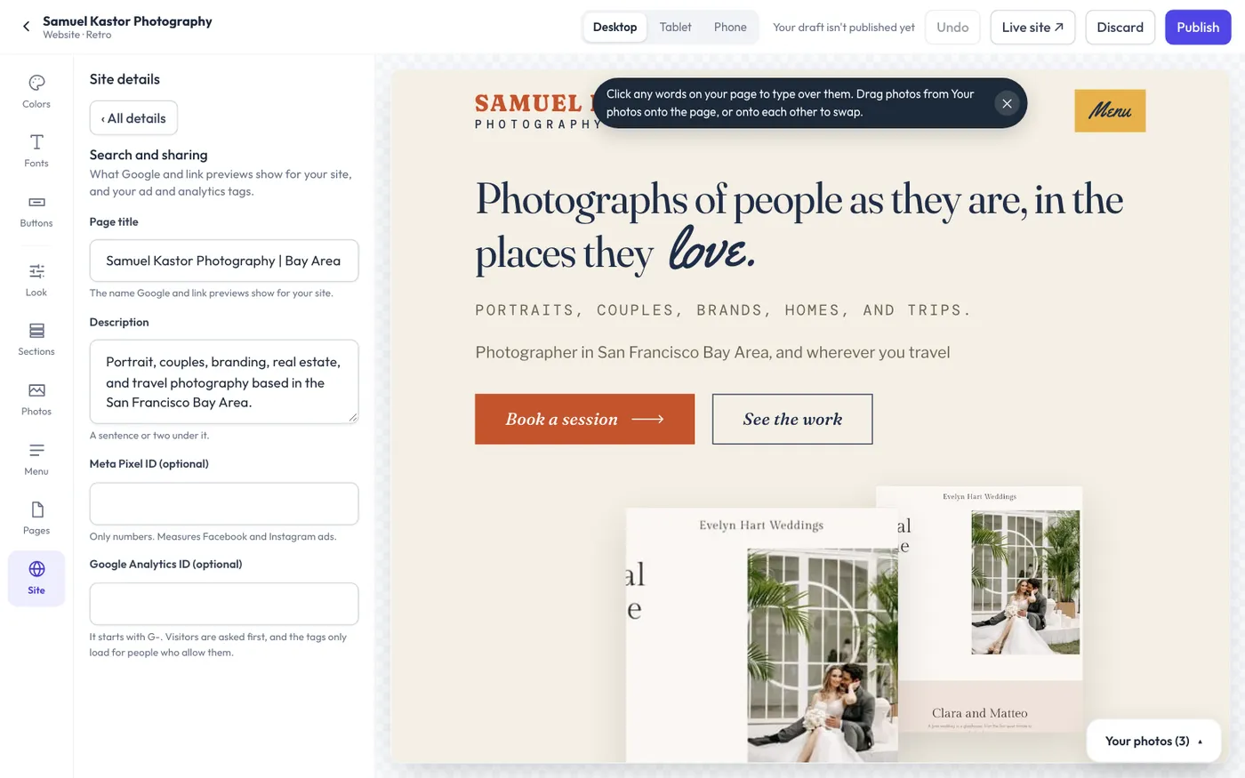 Search and sharing in the website builder, with the tracking IDs.