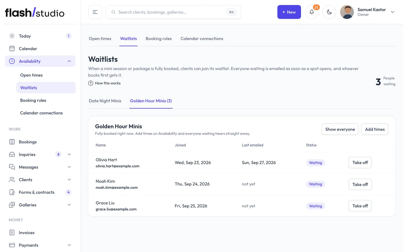 Availability > Waitlists.