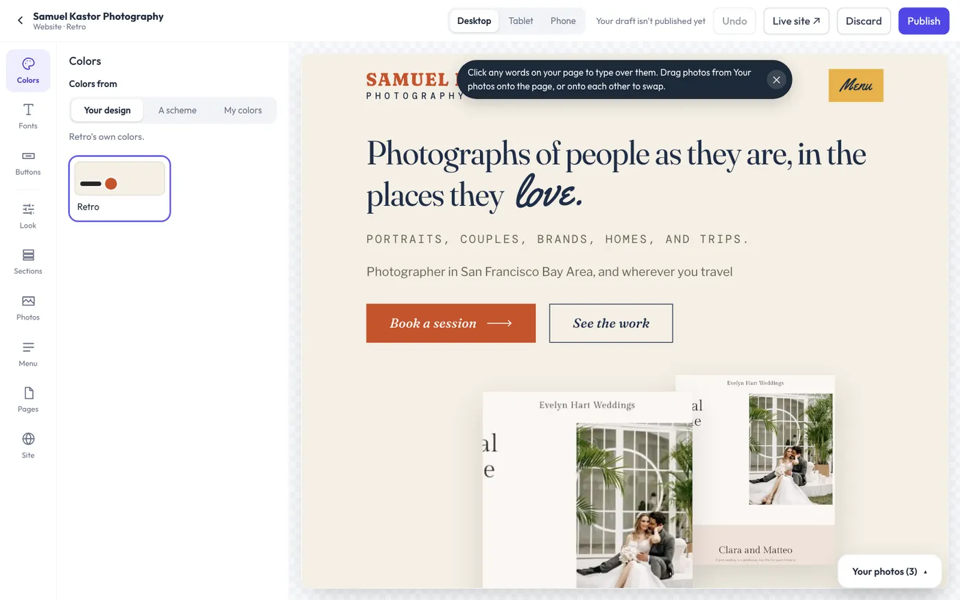 Colors in the website builder.