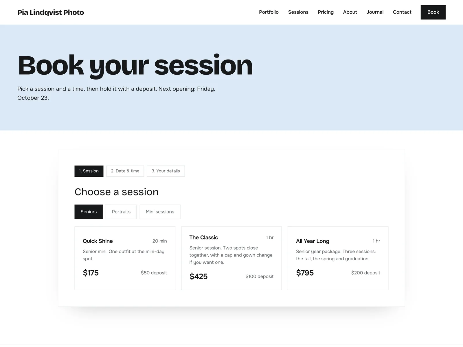 Choosing a senior session on a studio's booking page