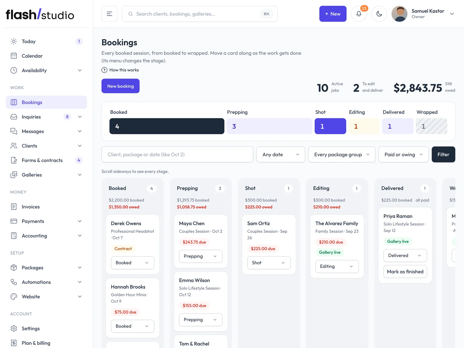 Every booking by stage, from booked to delivered