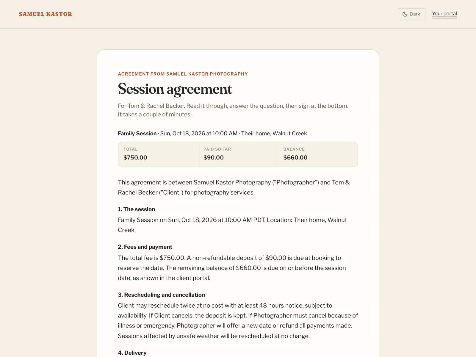 A contract ready to sign online