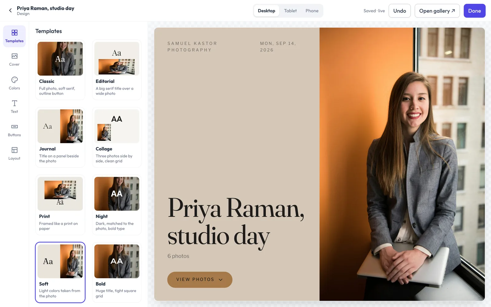 Designing a client gallery: templates on the left, the live gallery on the right