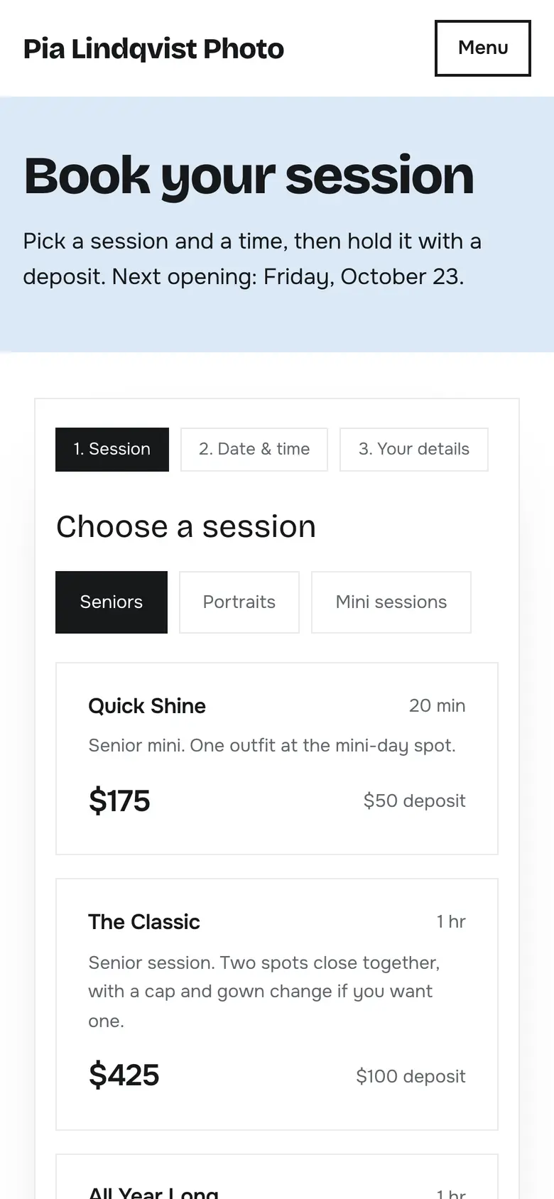 A studio's booking page on a phone: choose a session, with Quick Shine at $175 and a $50 deposit