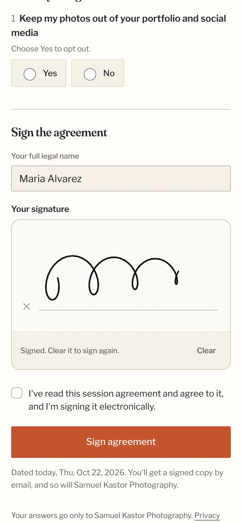 Signing a session agreement on a phone: full name typed and a signature drawn with a finger