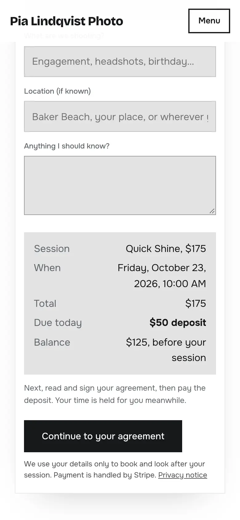 The last booking step on a phone: the session, date and time, $50 deposit due today and the balance before the session
