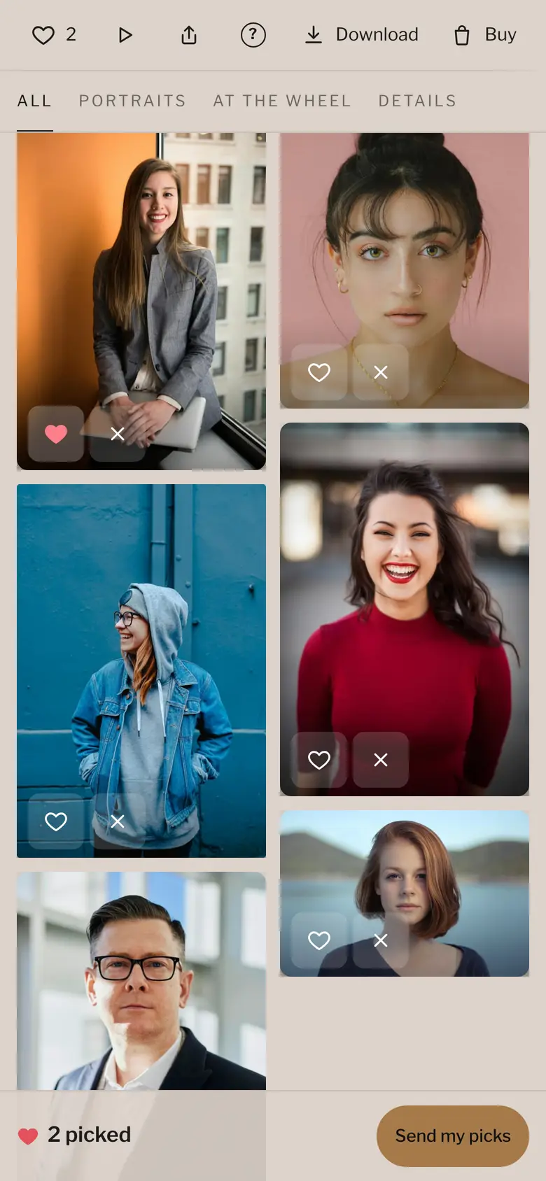 A client gallery on a phone, sorted into scenes, with a loved photo marked with a heart and 2 picked