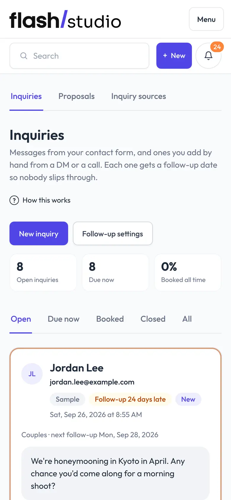 Inquiries in the Flashslash admin on a phone: open inquiries, follow-ups due and a new message from a couple