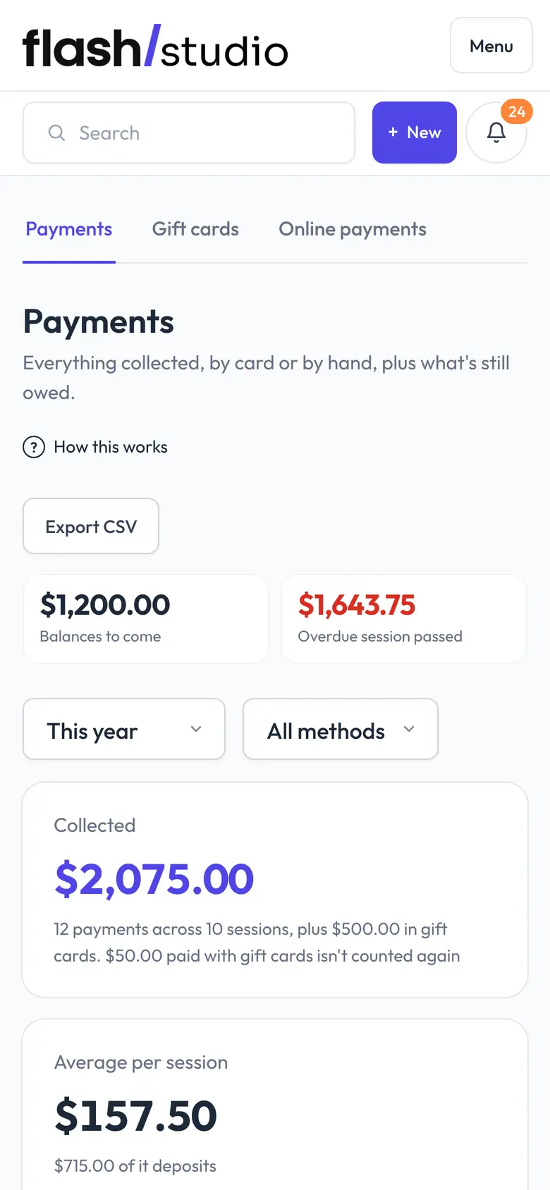 Payments in the Flashslash admin on a phone: what's collected this year, balances to come and the average per session