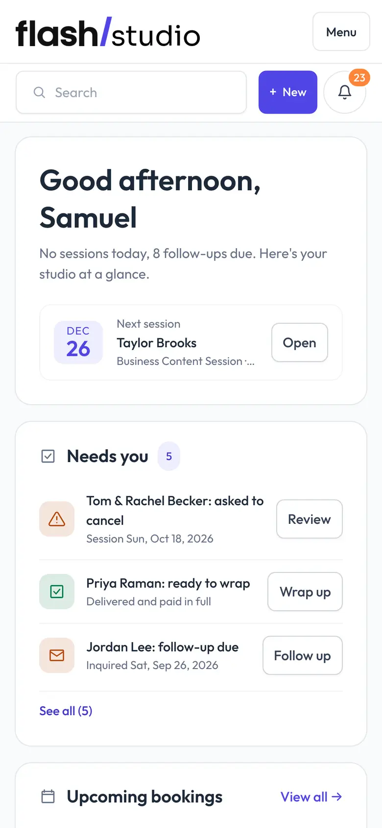 The Flashslash admin's Today screen on a phone: the next session, what needs you and upcoming bookings